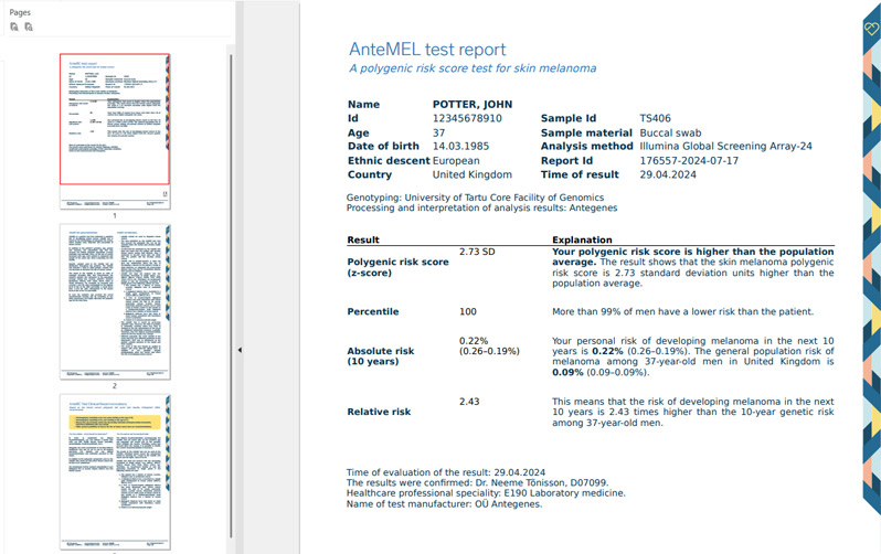 Melanoma Cancer Risk Risk Scoring Example Report